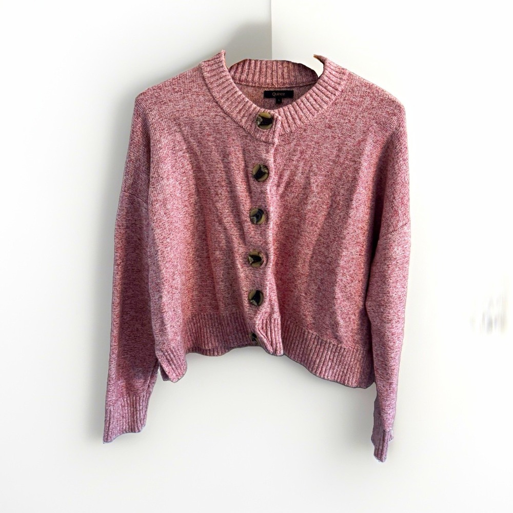 Quince Organic Cotton Knit Cardigan Sweater Rose Pink Marled Cropped Crew Neck L